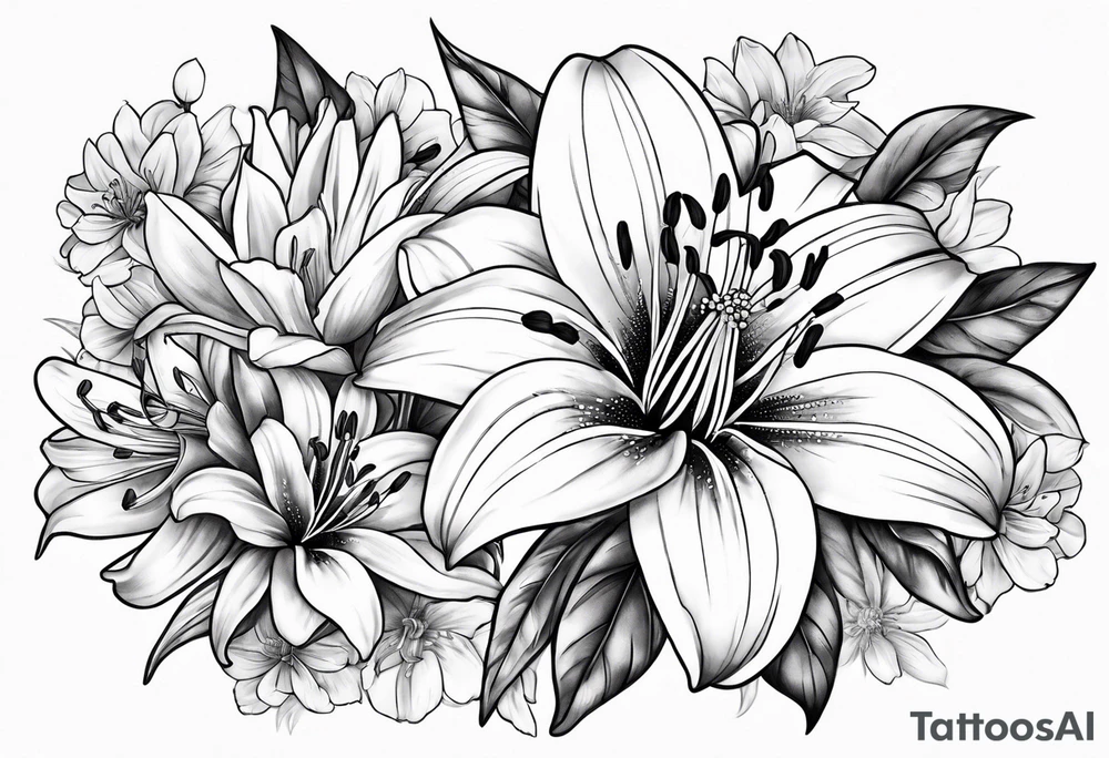 lily, marigold, cosmo, and aster tattoo idea