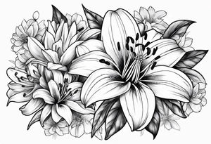 lily, marigold, cosmo, and aster tattoo idea