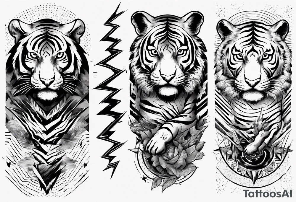 Ancient tiger with lightning and a sun for a forearm sleeve. With patterns surrounding it tattoo idea Ancient tiger with lightning and a sun for a forearm sleeve. With patterns surrounding it tattoo idea