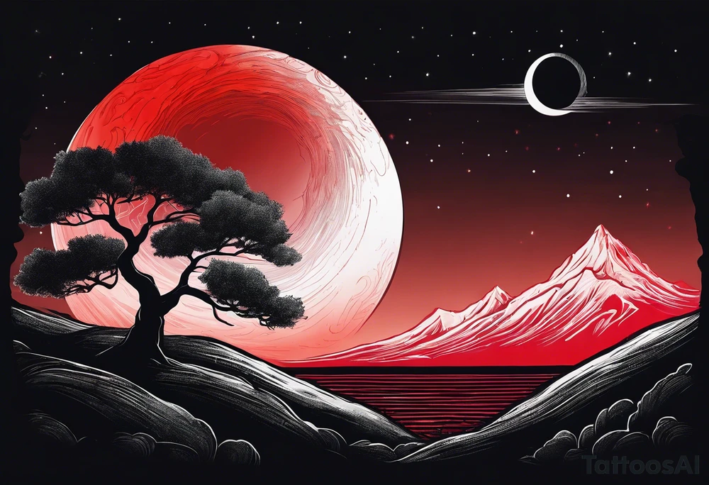 black solar eclipse with red light shining behind it, dark fantasy landscape tattoo idea