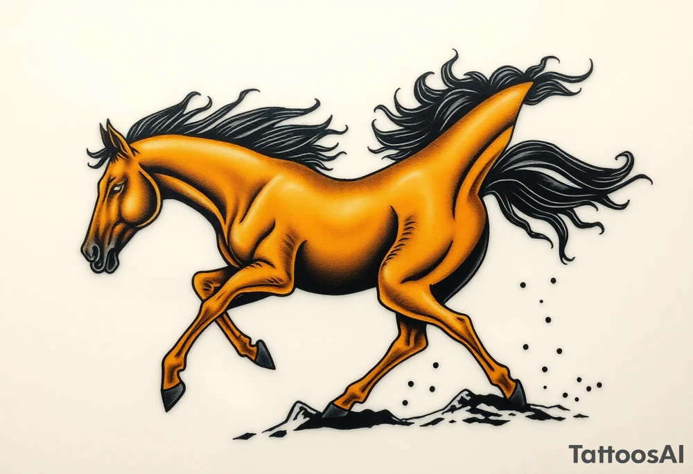 The tattoo represents a supernatural encounter with a golden horse with jet-black fur in the mountains of Choquequirao (Cusco, Peru). This mysterious, fleeting horse symbolizes strength, energy, and spiritual rebirth. It appeared at full speed, its hooves shaking the ground, its breath so powerful it drowned out all other sounds. The narrator felt no fear, only awe as the horse took a perfect curve, muscles tense, radiating power and grace. Its presence transformed the narrator, giving them the energy to complete an exhausting trek and leaving them with a profound connection to something greater. The tattoo aims to capture the essence of this moment: strength, speed, beauty, and the spirit of the mountain. For the design, consider drawing inspiration from Japanese tattoo art, known for its dynamic representation of animals like koi fish and dragons, emphasizing fluidity, movement, and symbolic power. tattoo idea