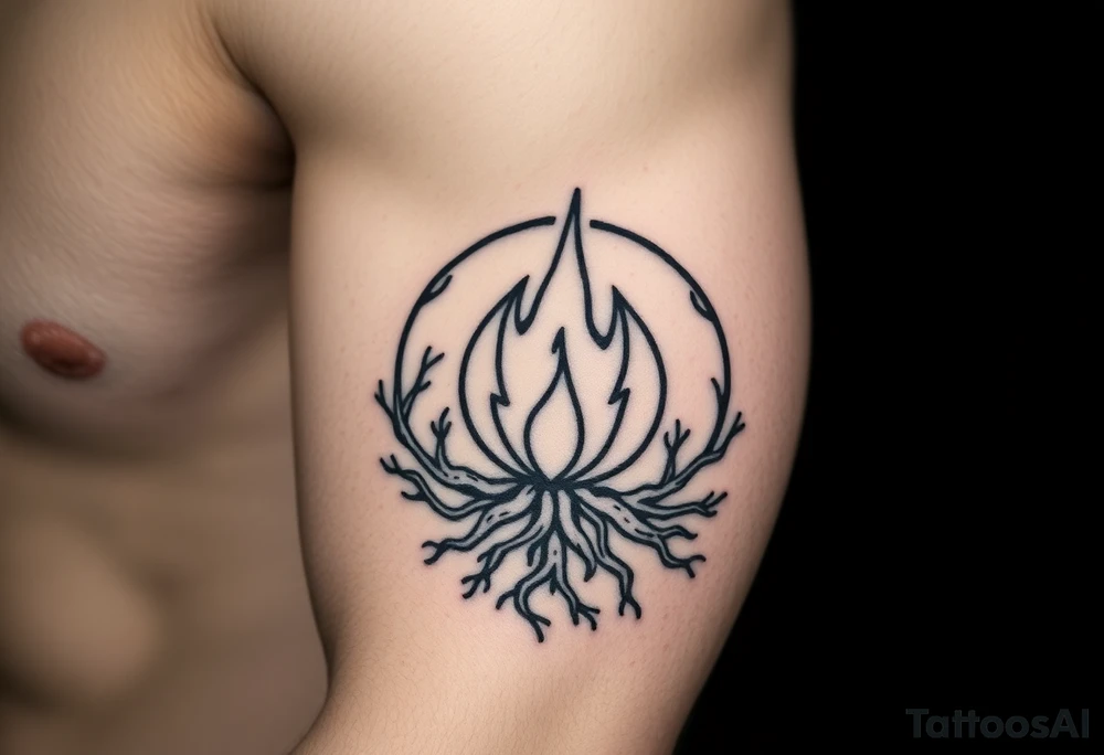a round flame imprisoned in a roots circle tattoo idea