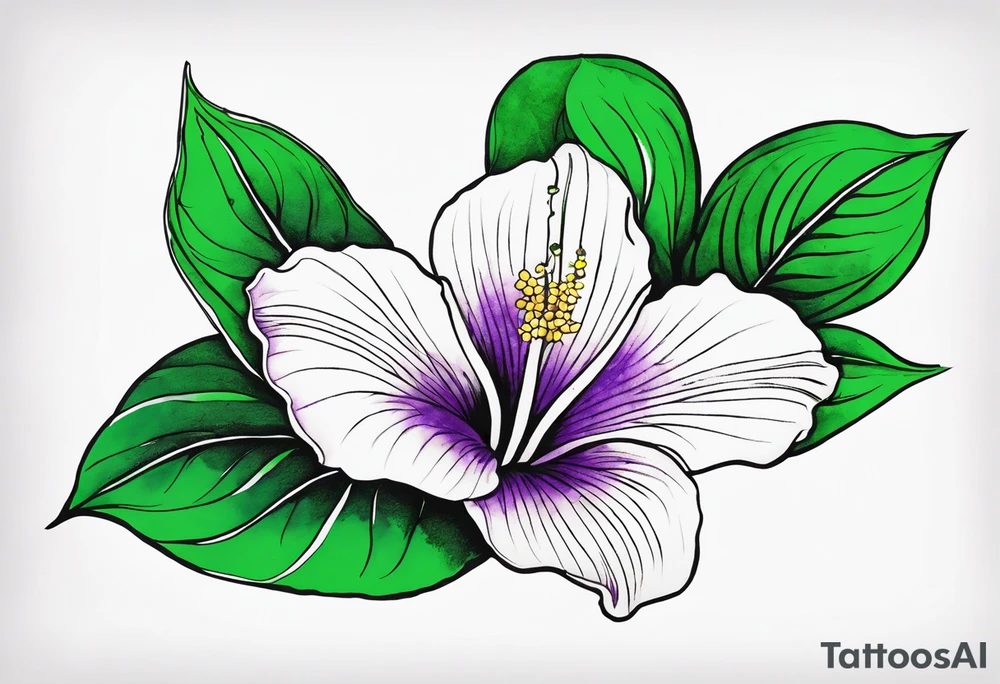 An outline of a rio dipladenia flower with a green and purple watercolor background tattoo idea