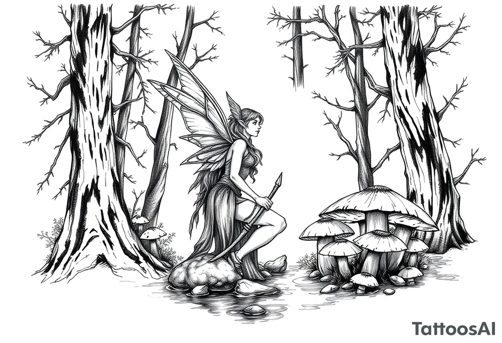Elf with forest and mushrooms and water tattoo idea