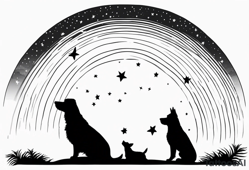 3 black silhouettes of dogs looking up at the night sky tattoo idea