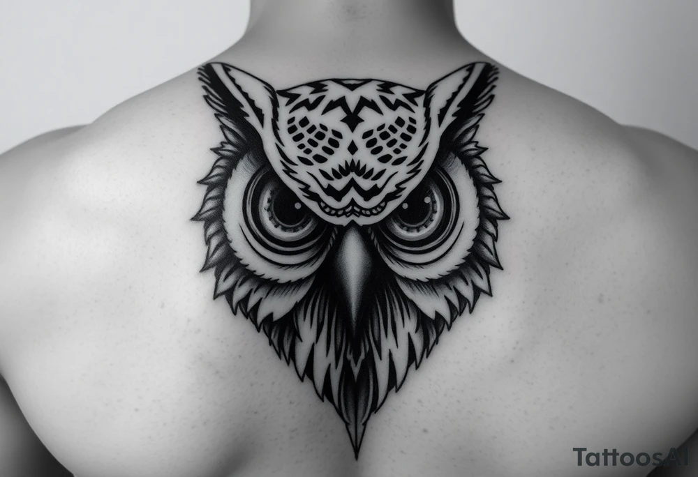 Owl head with large intense tripping on acid eyes tattoo idea