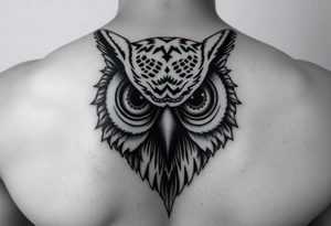 Owl head with large intense tripping on acid eyes tattoo idea