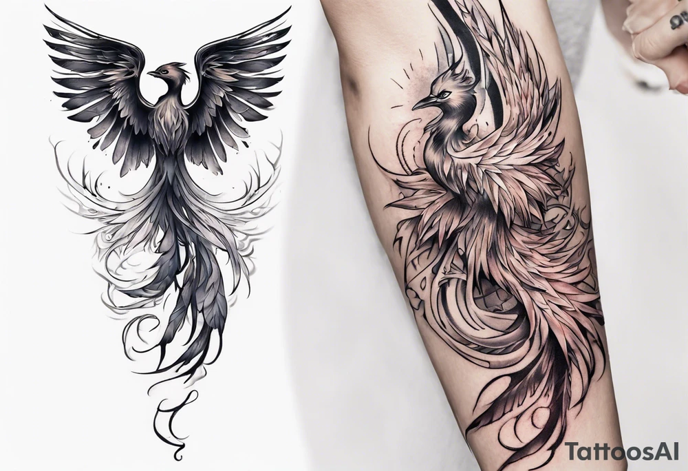 Sleeve tattoo on a woman's arm. Phoenix tattoo idea