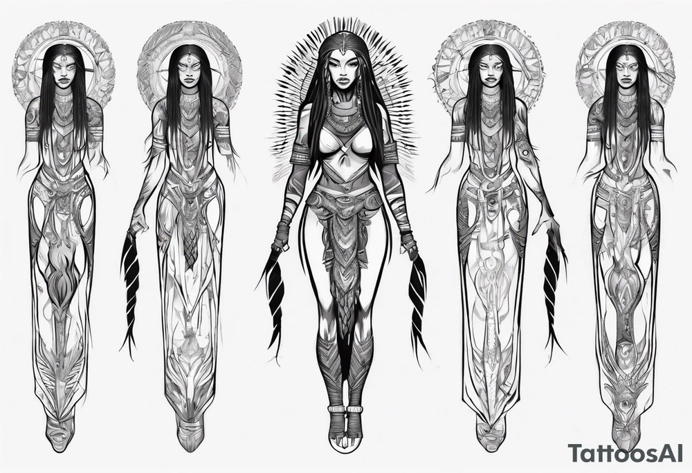 African female valkyre full body angelic
slim face long braided hair descending tattoo idea