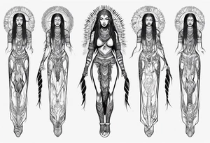 African female valkyre full body angelic
slim face long braided hair descending tattoo idea