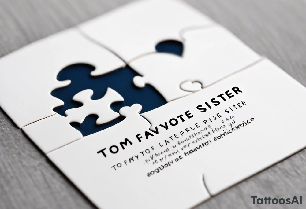 Interlocking Puzzle Pieces
   Concept: Two outlined puzzle pieces that are interlocking or fit together perfectly, symbolizing how you and your sister were connected. One of the puzzle pieces could have the small, filled-in heart inside it.
   Text: “To my favorite sister” could be placed underneath or along the curve of your ankle, maintaining your sister’s handwriting. You could position the text so it wraps slightly around the interlocking pieces. tattoo idea