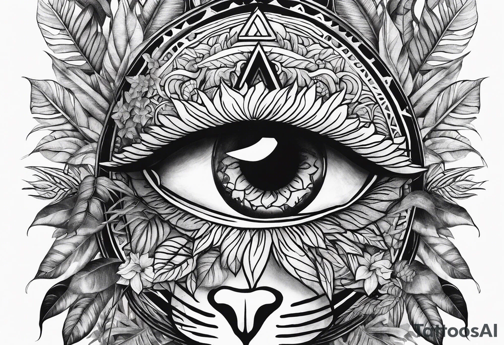 arm sleeve tattoo with all-seeing eye and jungle plants tattoo idea