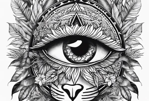 arm sleeve tattoo with all-seeing eye and jungle plants tattoo idea