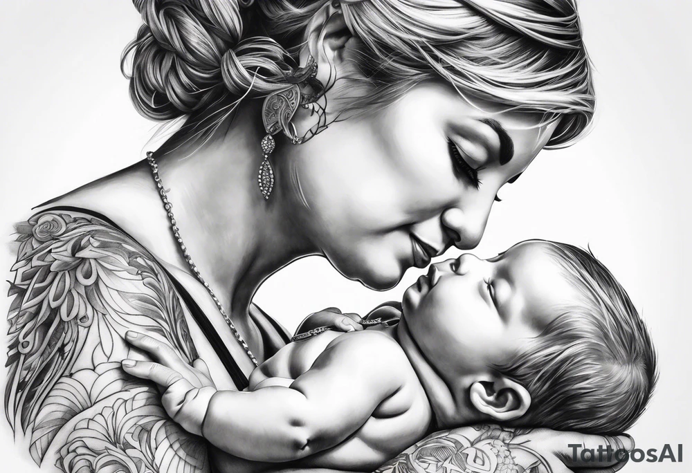 chest tattoo : 
mom and baby son statue tattoo idea