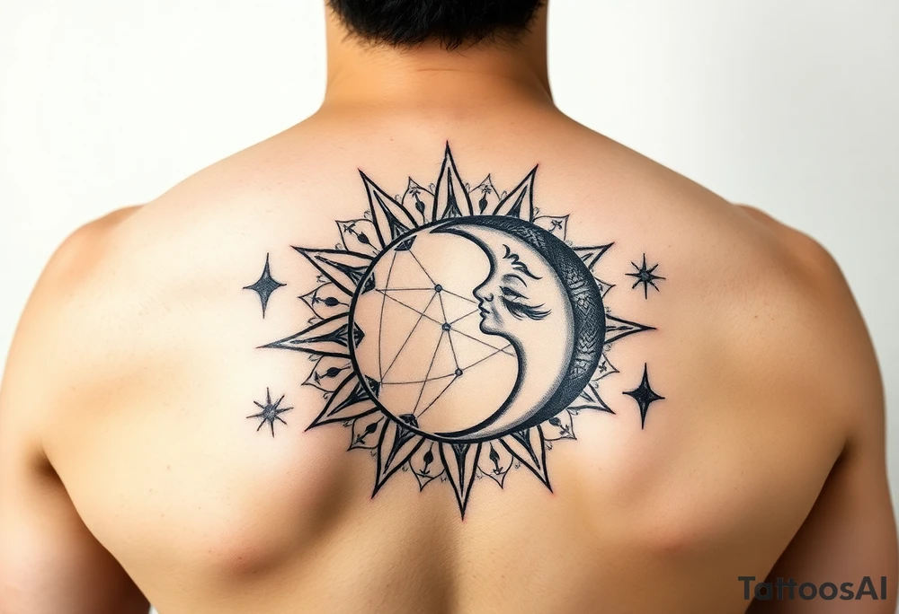 celestial sun and moon embrace with constellation patterns tattoo idea