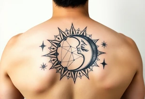 celestial sun and moon embrace with constellation patterns tattoo idea