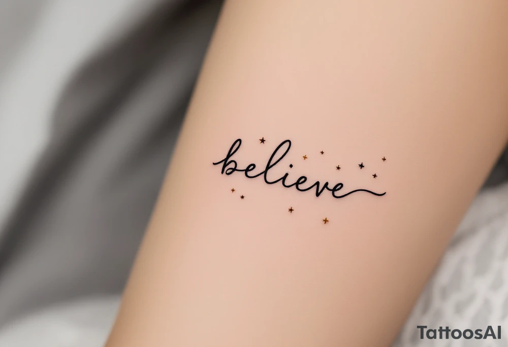 A minimalist "Believe" in black ink, with small stars in gold scattered across, symbolizing faith in one's dreams. tattoo idea