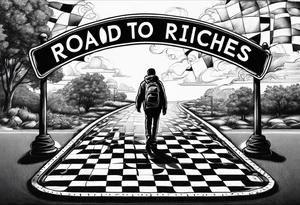 a road sign that say road to riches with a person walkin on a chessboard tattoo idea