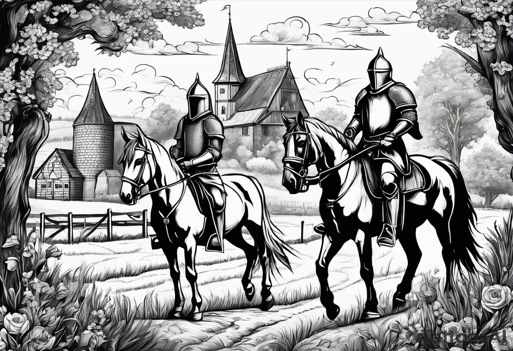 a knight with an old farm in the background and horses in the netherlands tattoo idea