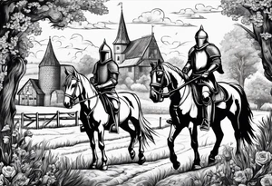 a knight with an old farm in the background and horses in the netherlands tattoo idea