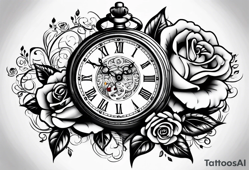 Pocket watch with train and roses tattoo idea