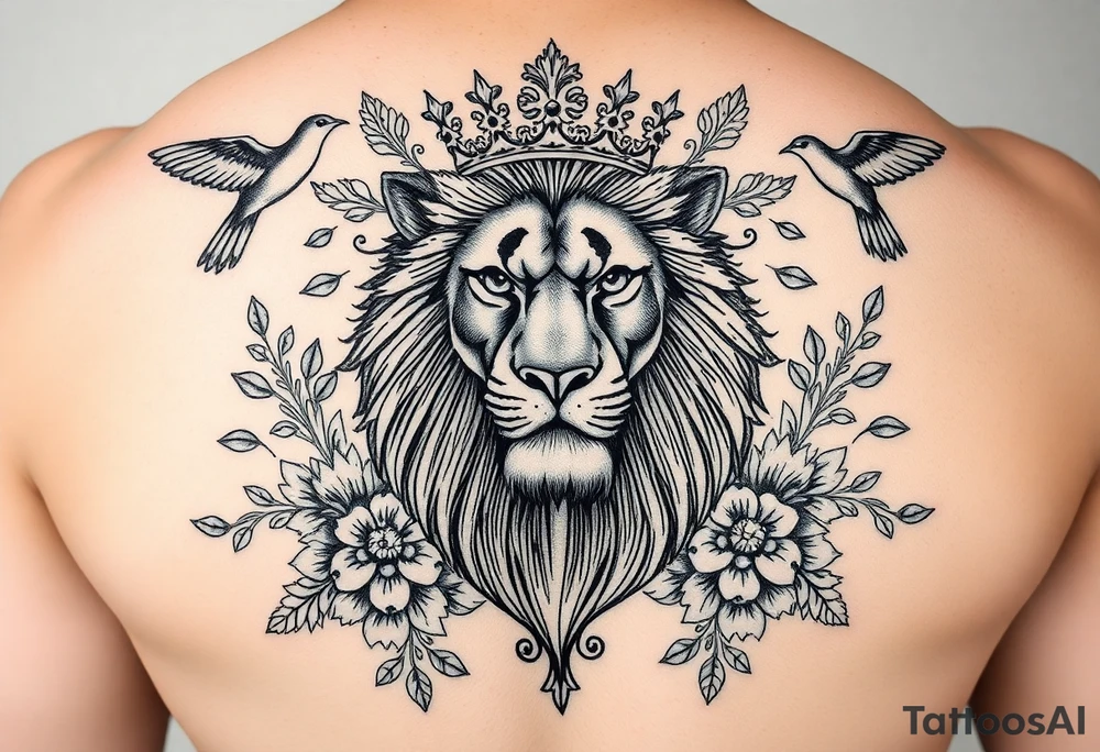 powerful majestic lion with a crown, surrounded by floral ornaments and birds tattoo idea