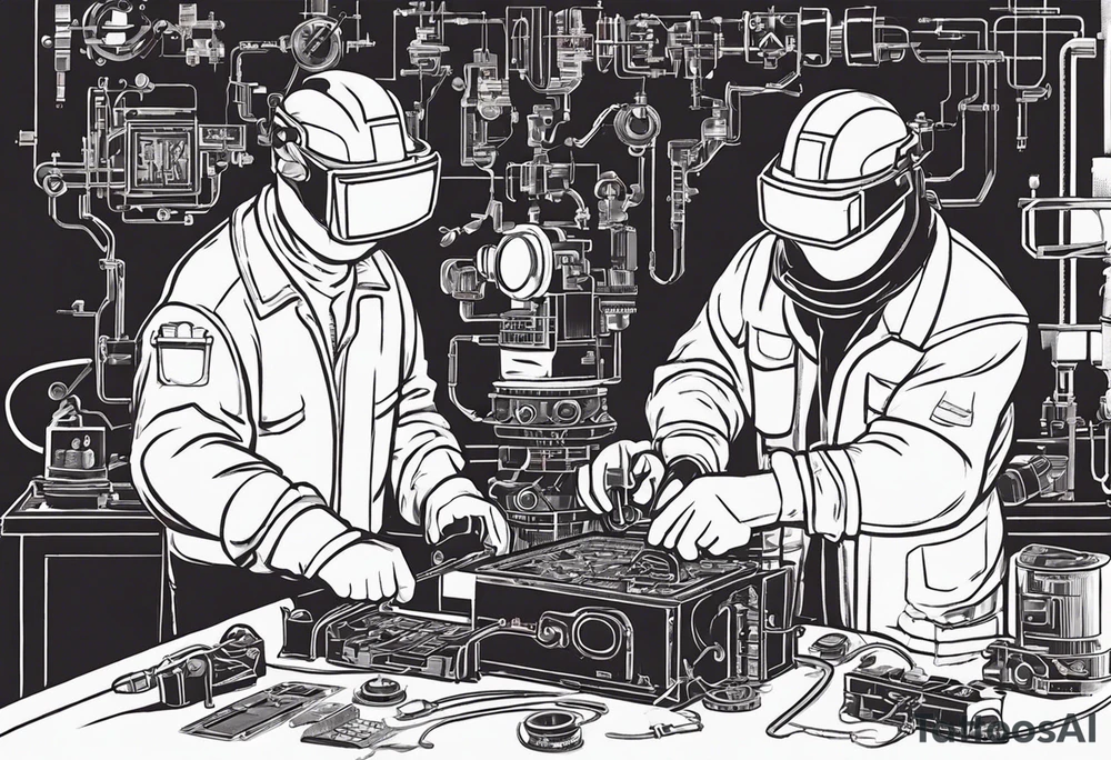 Two 60-year-old characters working together on creating a big mechanism made of iron, gems and electronic circuits. The first character is a welder, dressed in a welding suit and mask. The second character is a fitter, wearing a shirt with sleeves rolled up to the forearms and a tool belt. has no hat. The mechanism they are working on should be in the center of the drawing, should look like a human heart and to be 1\5 of the whole immage.  Characters positioned on either side of the mechanism. tattoo idea