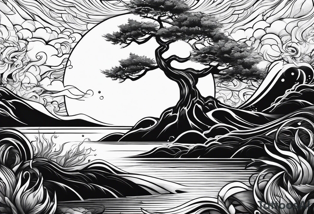concept design, trees, ocean waves, flames tattoo idea concept design, trees, ocean waves, flames tattoo idea
