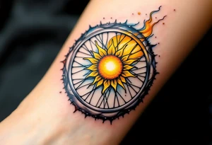 A bicycle wheel with spokes forming a sun, glowing in yellow and gold with subtle gradients for a warm, radiant effect. tattoo idea