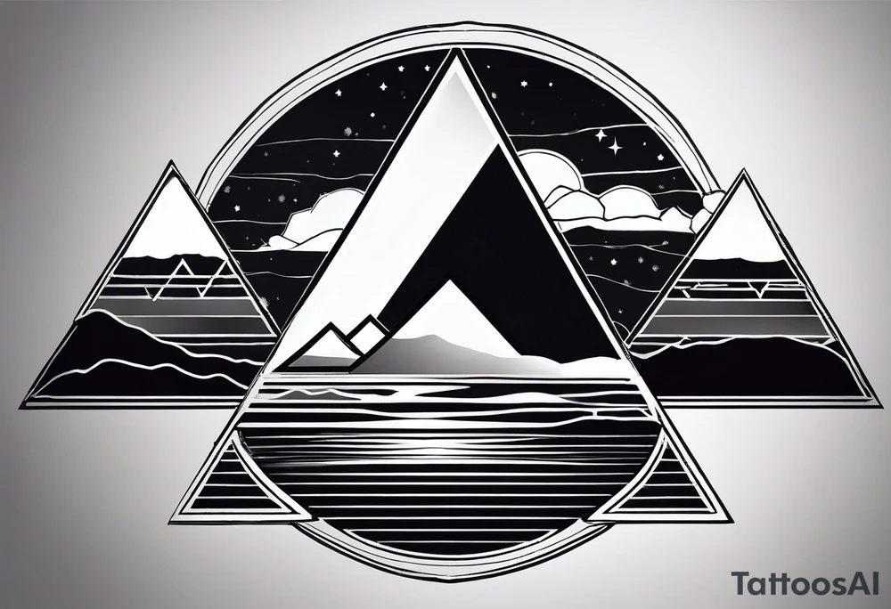 Two triangles, vertically mirroring each other. The top triangle has the a mountain landscape during the night and the Bottom one has beach sunset landscape. tattoo idea