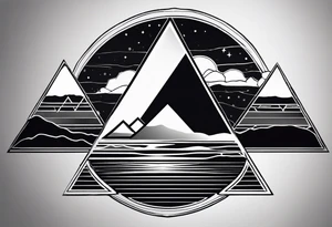 Two triangles, vertically mirroring each other. The top triangle has the a mountain landscape during the night and the Bottom one has beach sunset landscape. tattoo idea