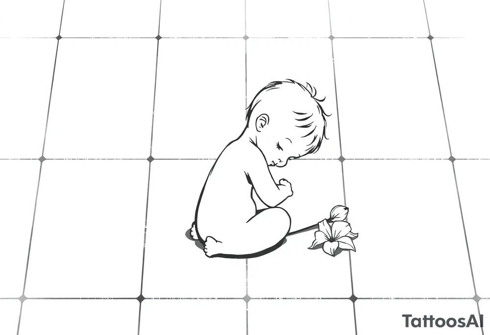 A simple tile floor with a minimalist outline of a curled up child sitting on the floor with a lily next to her tattoo idea
