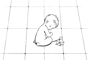 A simple tile floor with a minimalist outline of a curled up child sitting on the floor with a lily next to her tattoo idea