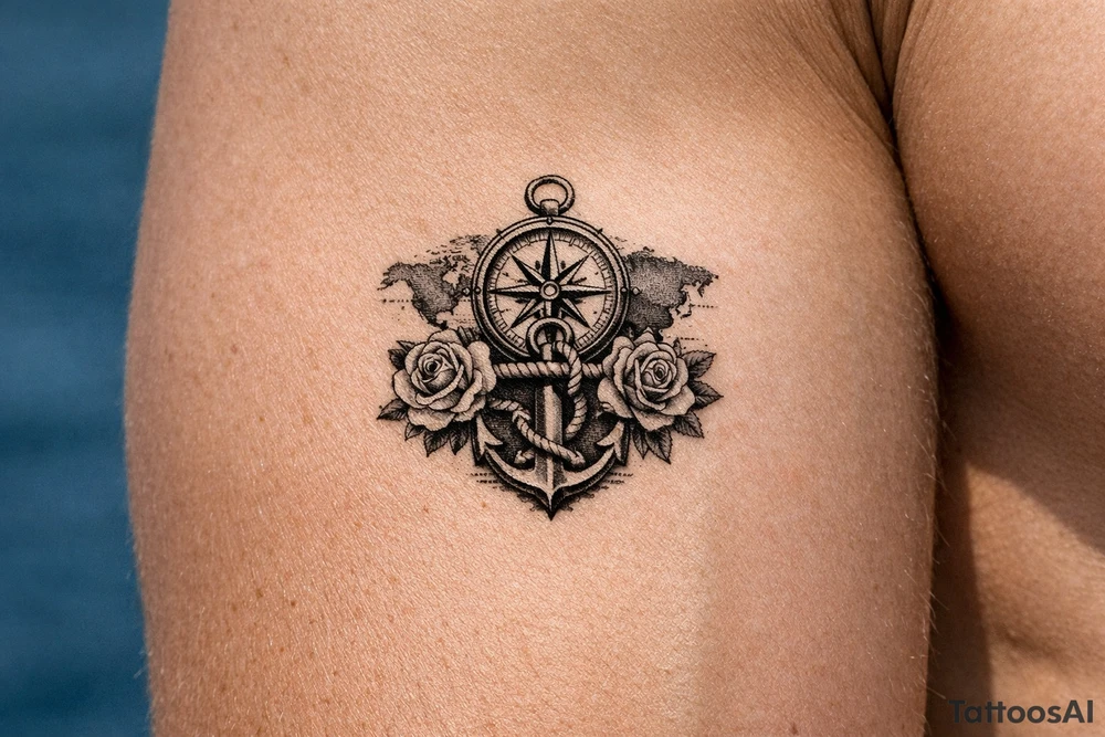 a compass under it an anchor, roses,world map. tattoo idea