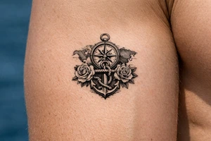 a compass under it an anchor, roses,world map. tattoo idea