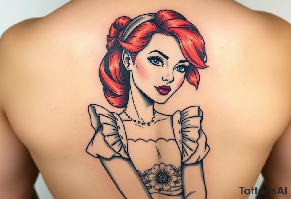 Old school Traditional pin up girl with red hair and blue eyes and wearing a white with blue flower milkmaid  style dress tattoo idea