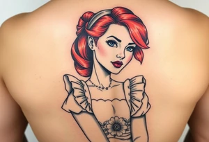 Old school Traditional pin up girl with red hair and blue eyes and wearing a white with blue flower milkmaid  style dress tattoo idea