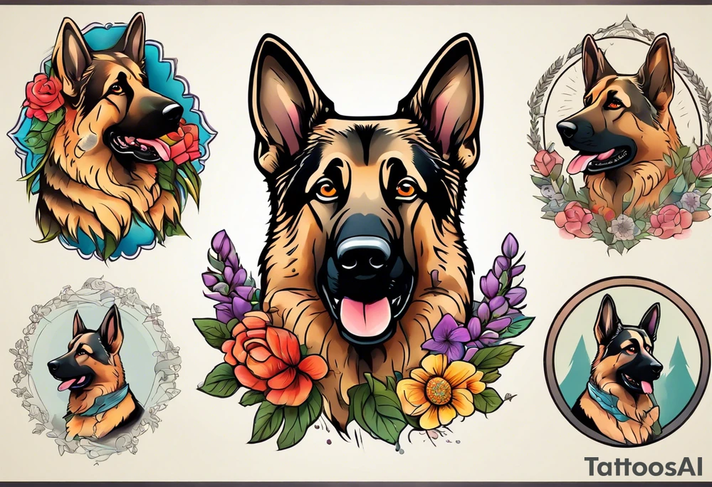 Sable haired German shepherd portrait brightly colored with flowers tattoo idea