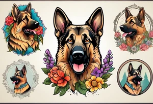Sable haired German shepherd portrait brightly colored with flowers tattoo idea