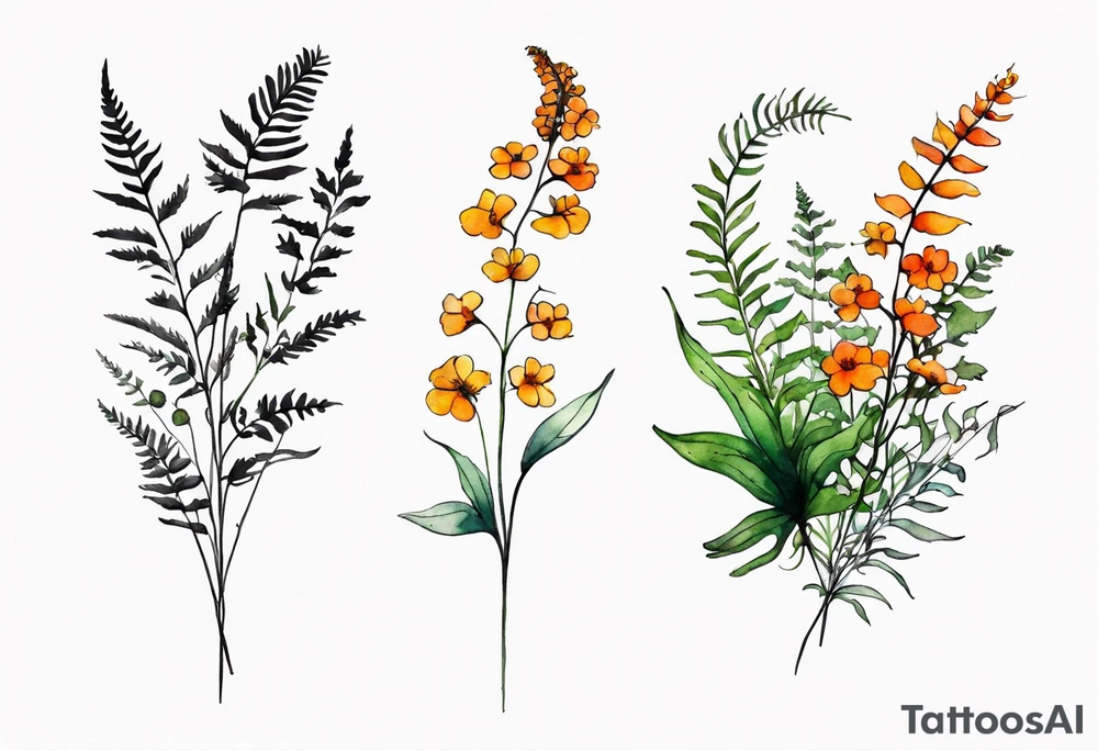 wild flowers long stems bouquet with ferns all watercolor tattoo idea