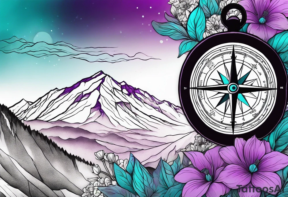 Compass behind a mountain with purple and teal sky, and purple and teal flowers in the foreground tattoo idea