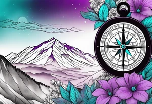 Compass behind a mountain with purple and teal sky, and purple and teal flowers in the foreground tattoo idea