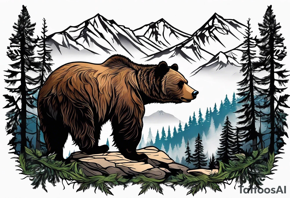 grizzly bear mountain forest tattoo idea