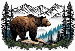 grizzly bear mountain forest tattoo idea