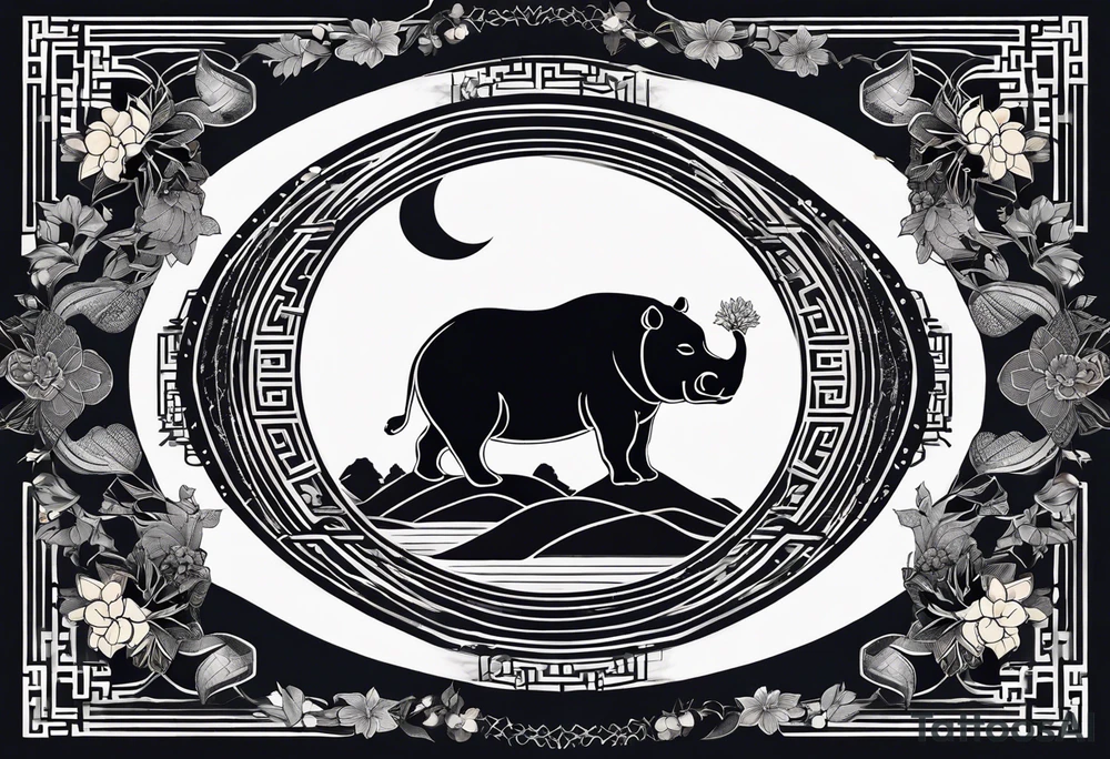 Very asymmetrical, +geometric pattern, with realistic full moon, with seeious looking hippo, +zen feel, + Buddhism touch, +tribal, +geometric, +chinese ink art 
with wintersweet flower bud, +portrait orientation, +inkart touch, tattoo idea