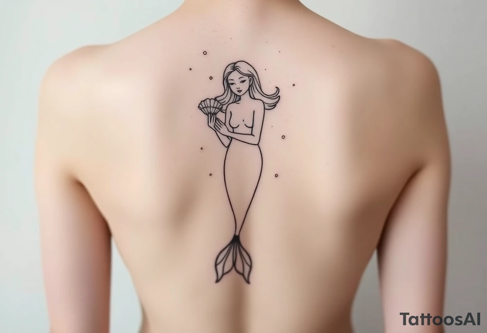 Mermaid tattoo full body soft face light grainy holding a shell in hand tattoo idea