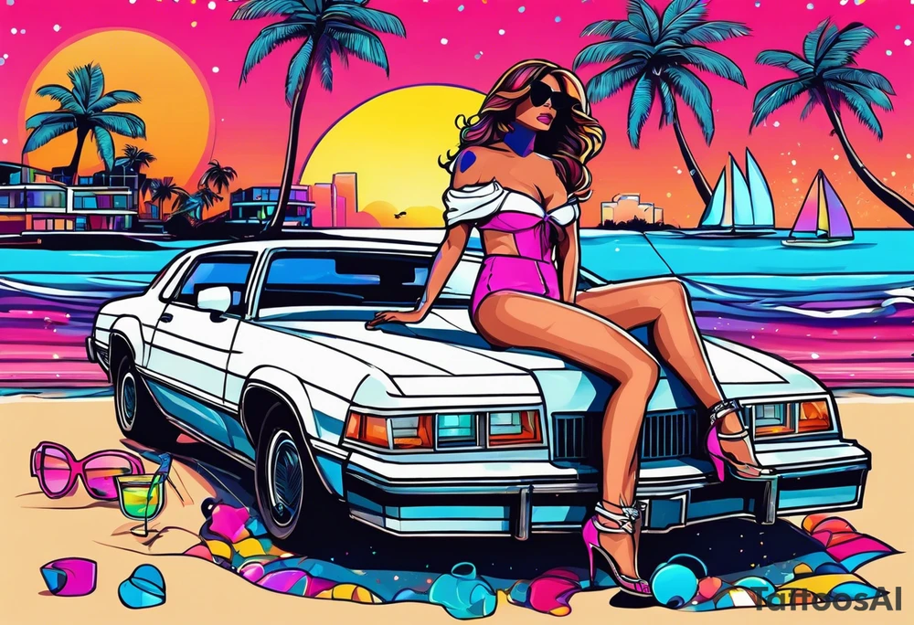 1980's miami vice style beach dance 
party, include confetti, music notes, boom box, bikinis sunset in the center tattoo idea