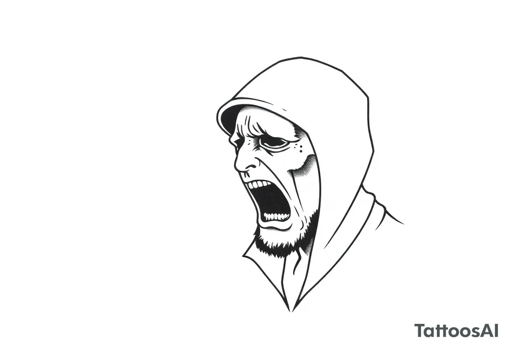 Confusion and pressure in thin lines on screaming solo traveler with no face tattoo idea