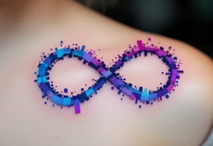 A glitch-effect infinity, made of fragmented pixels in neon blue and purple, representing a digital love that never fades. tattoo idea