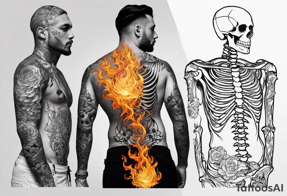 ONLY ON Half body tattoo's left side of body fully tattooed non of right half of body. Start with having the tattoo outline the human skeleton and implement elements such as fire lighting water. FINE LINES tattoo idea